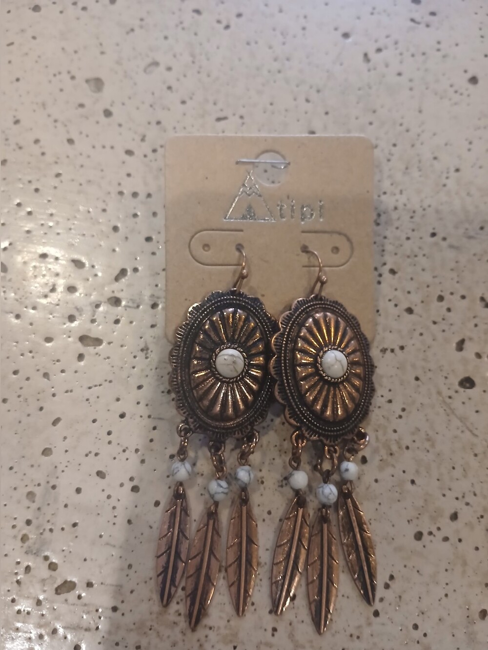 Boho Copper-Tone Oval Feather Dangle Earrings with White Stone